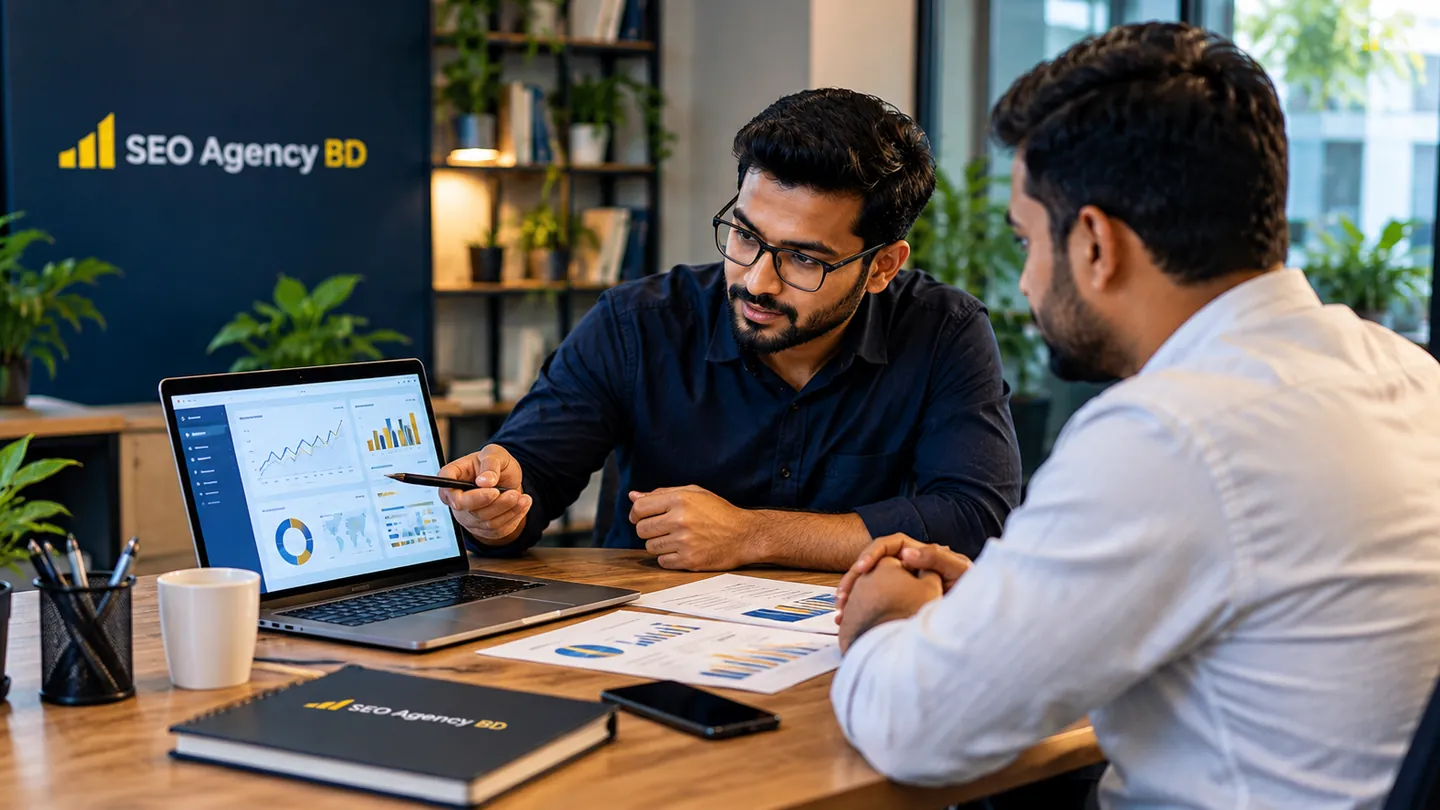 SEO Agency BD consultant discussing SEO priorities and reporting with a Bangladesh business owner