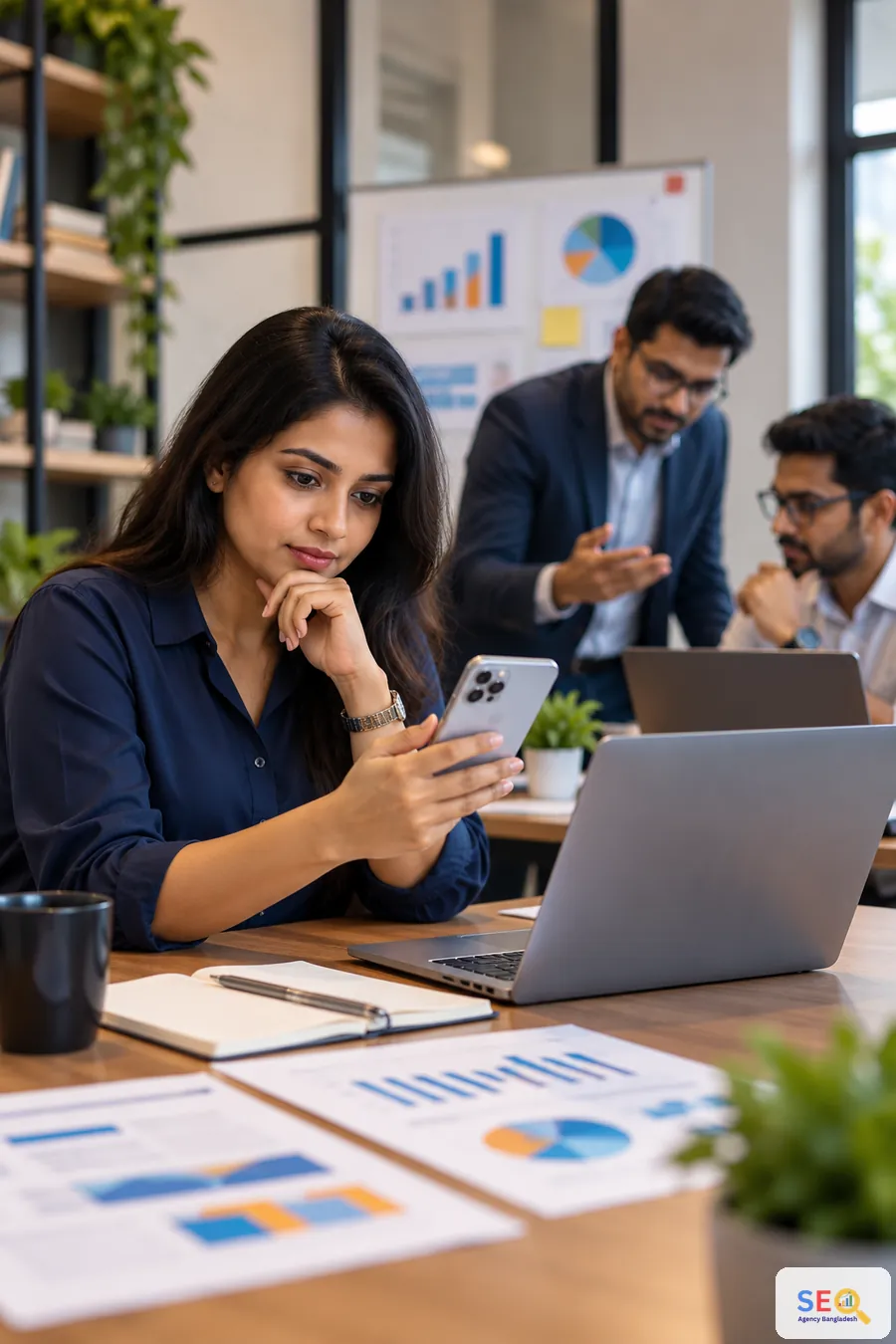 Bangladesh business decision-maker evaluating SEO advisory options while consultants discuss data