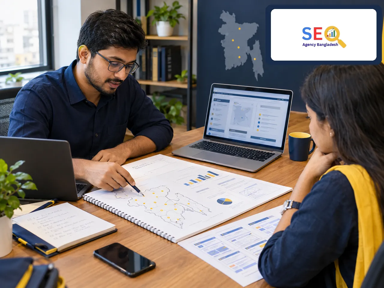 SEO specialists reviewing local search and website signals for Bangladesh city markets