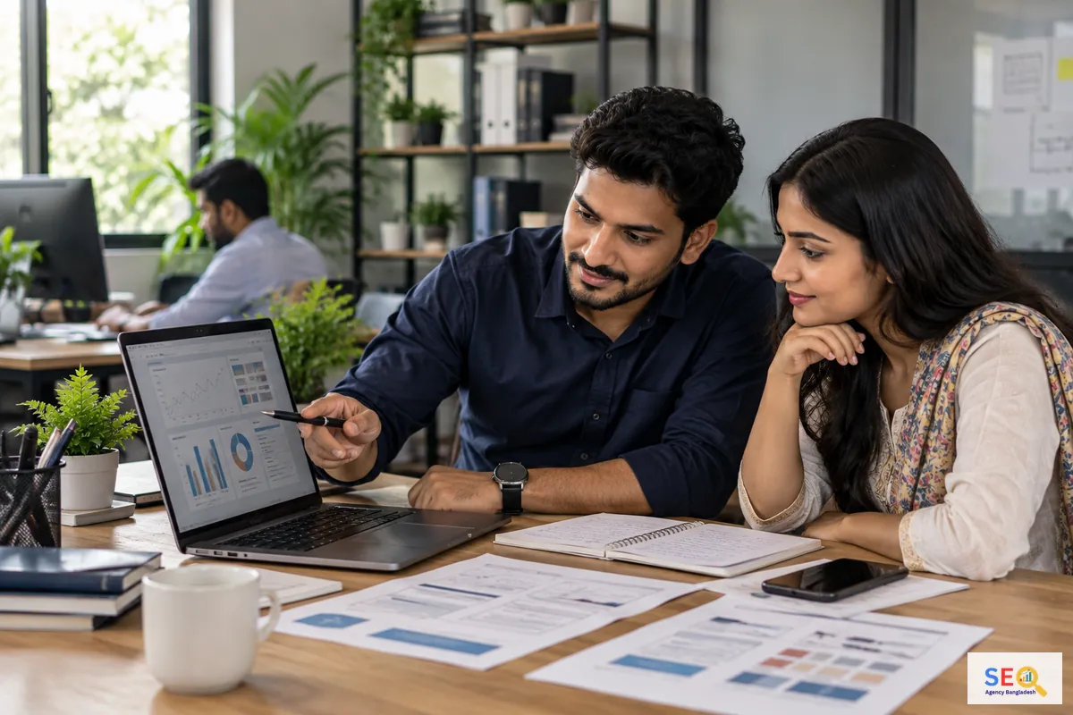 SEO specialist explaining website performance and search data to a colleague in a Bangladesh office