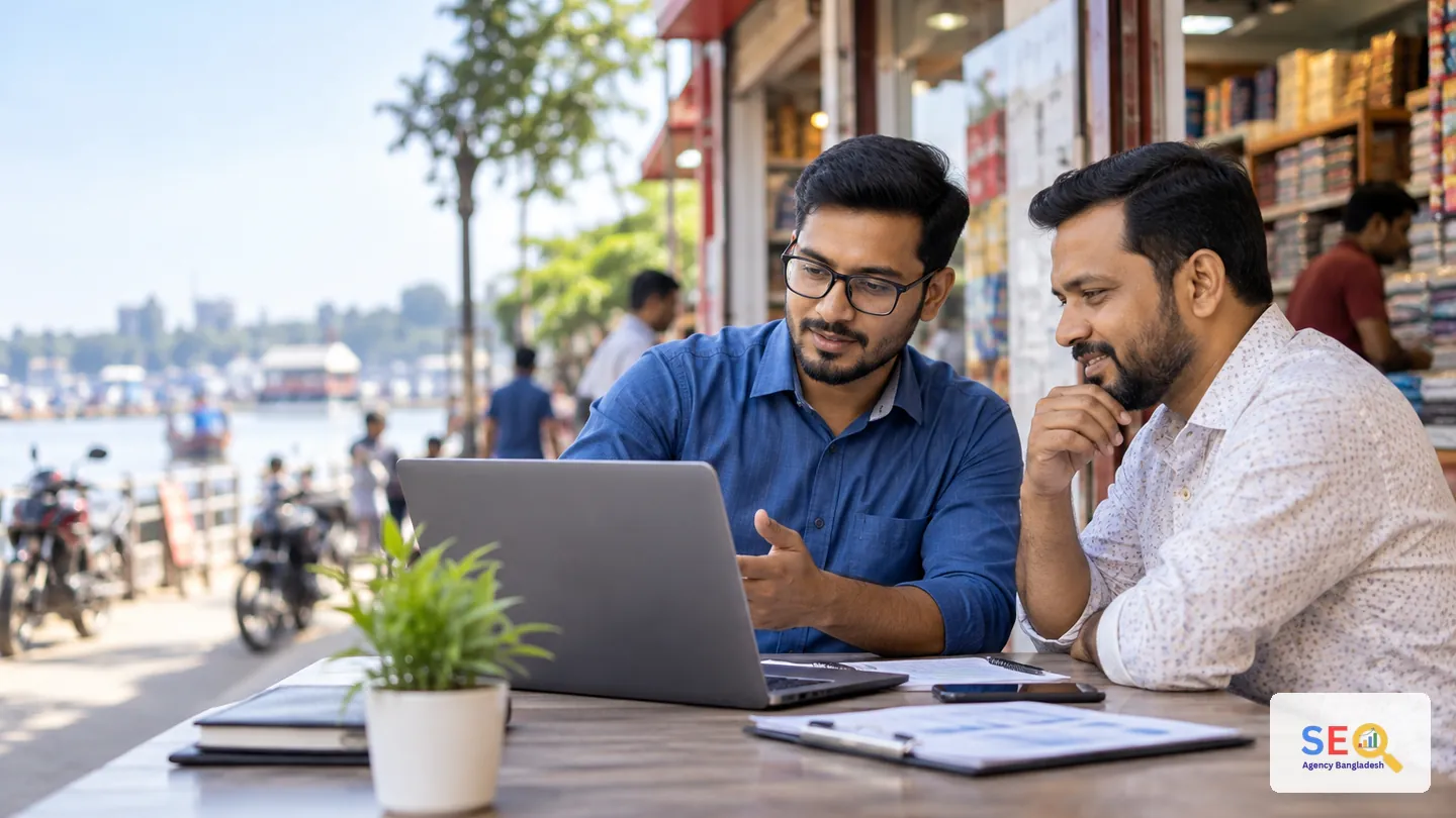 SEO consultant discussing online growth with a business owner in a Barishal commercial setting