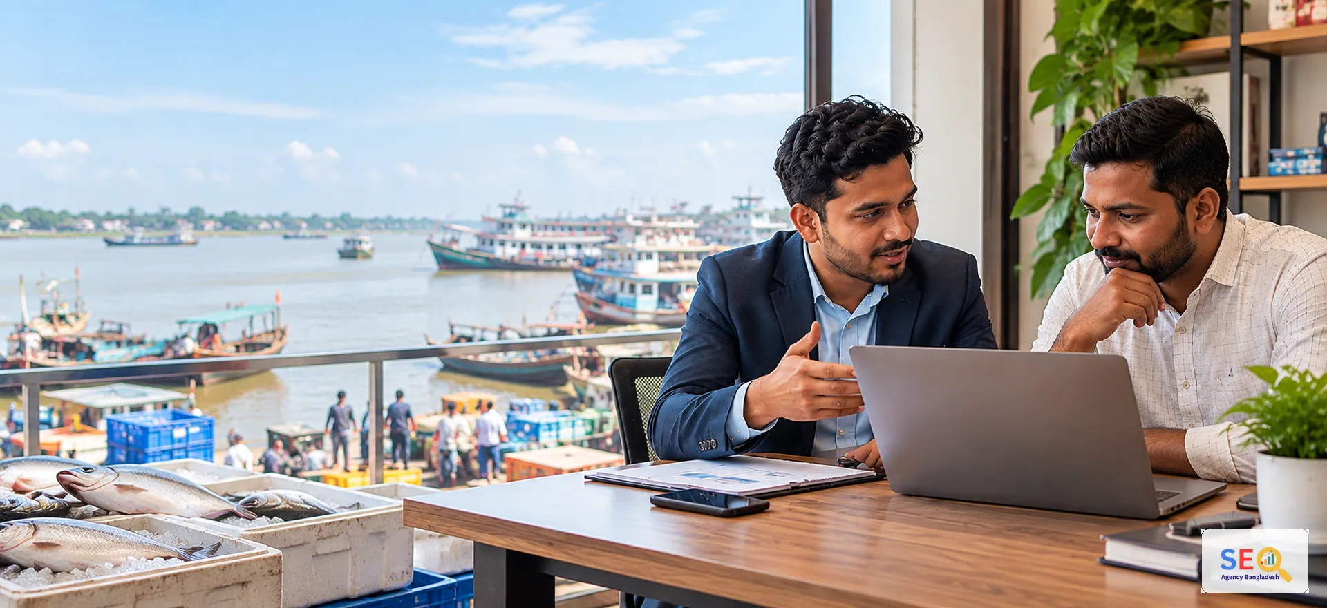 SEO consultant meeting a Chandpur river-trade business owner in a bright waterfront commercial setting