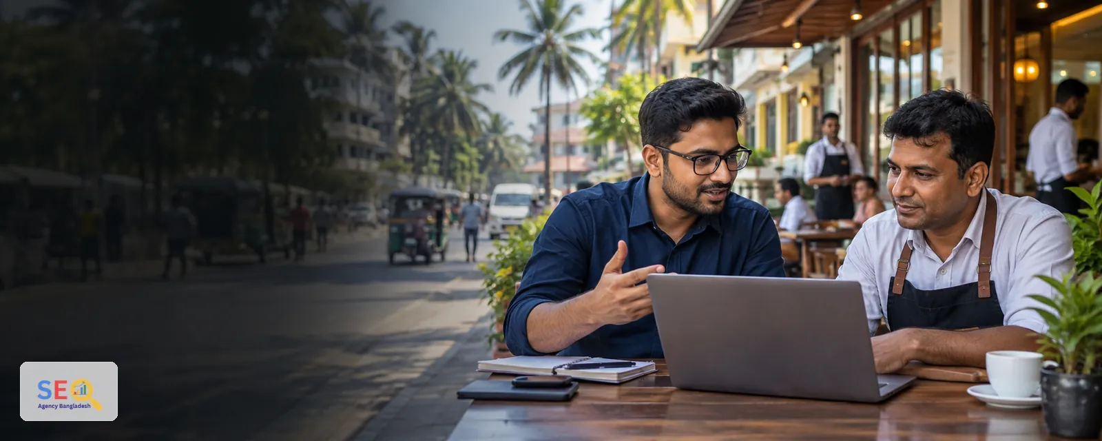 SEO consultant discussing online visibility with a Cox's Bazar hospitality business owner