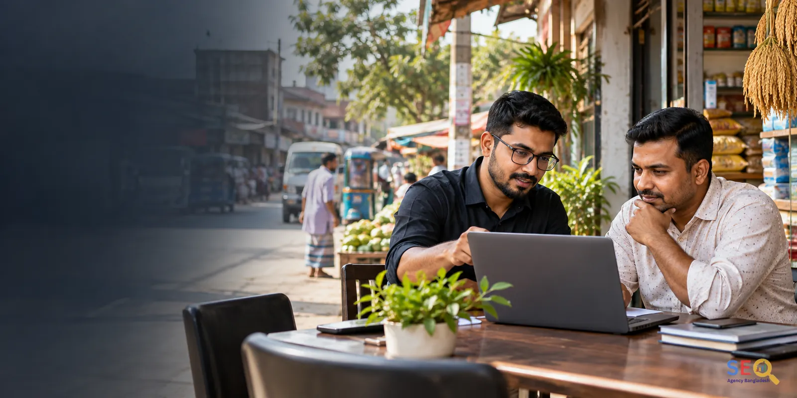 SEO consultant discussing website growth with a Dinajpur business owner in a local market setting