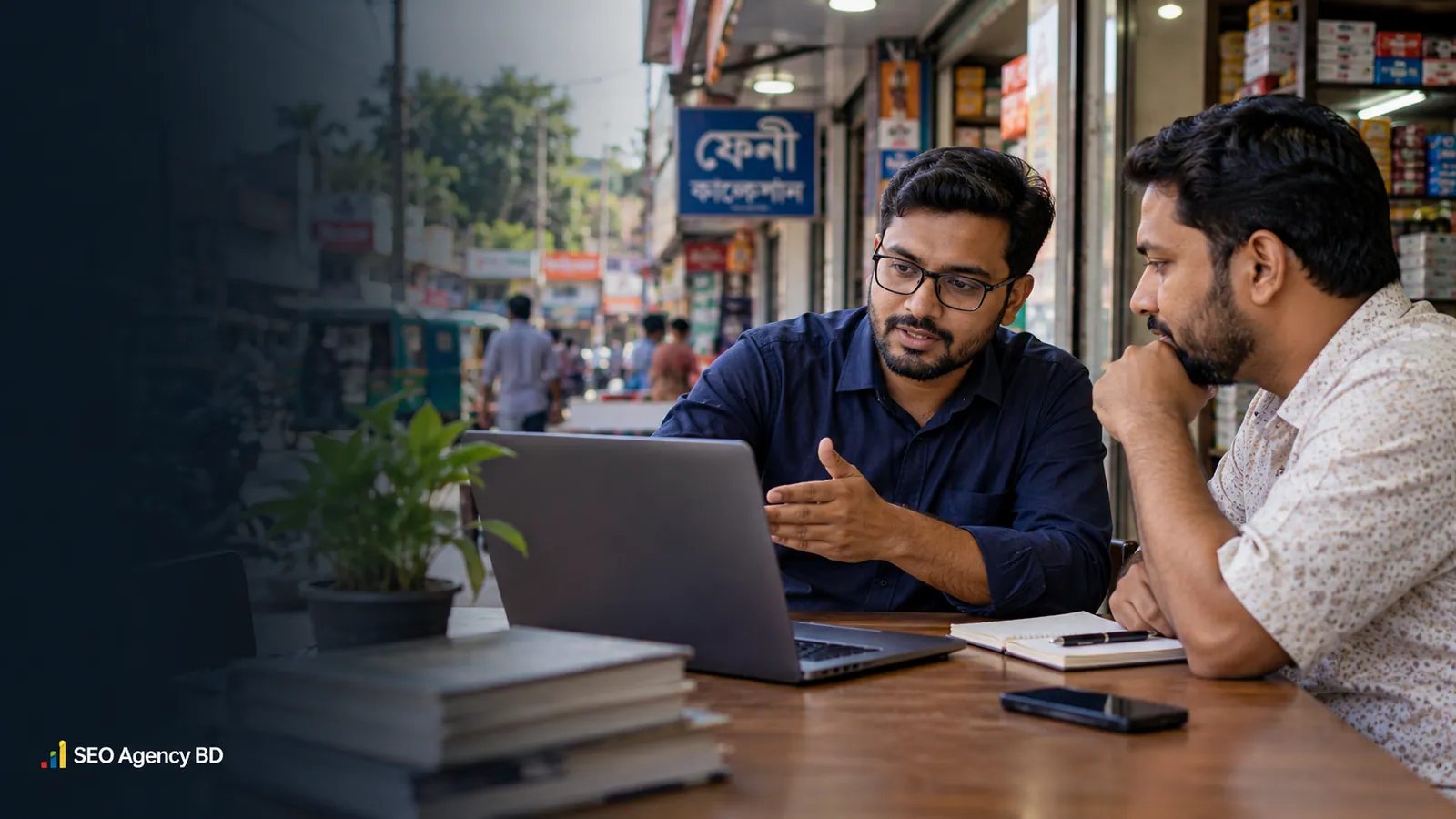 SEO agency consultation with a Feni business owner in a local commercial setting