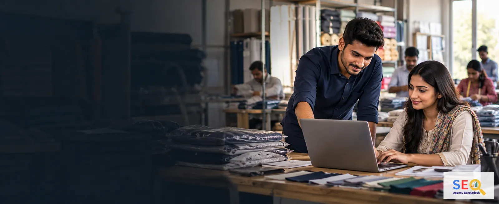 SEO specialist and Narayanganj business owner reviewing a website inside a textile and garment workspace