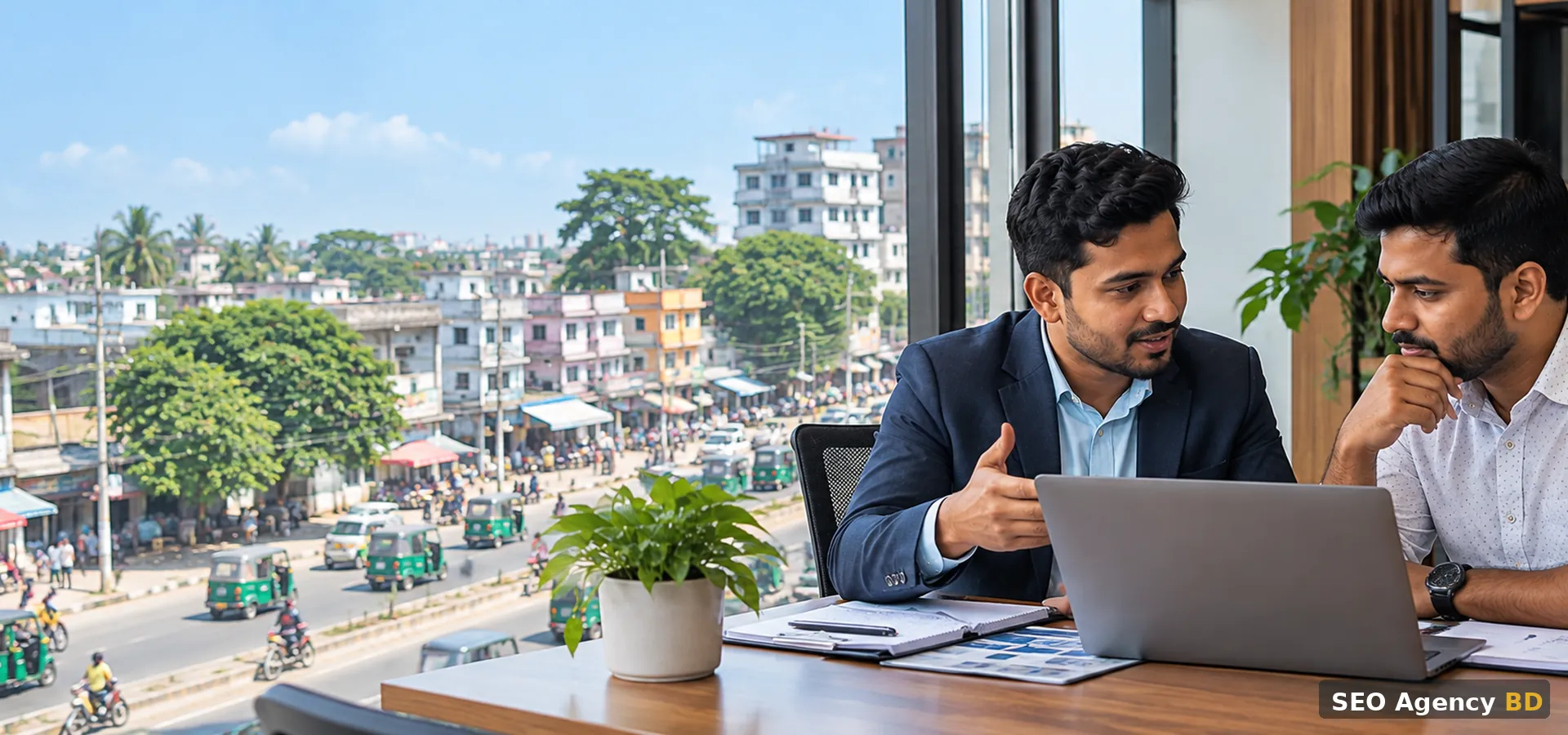 SEO consultant discussing online growth with a business owner in a Noakhali commercial setting