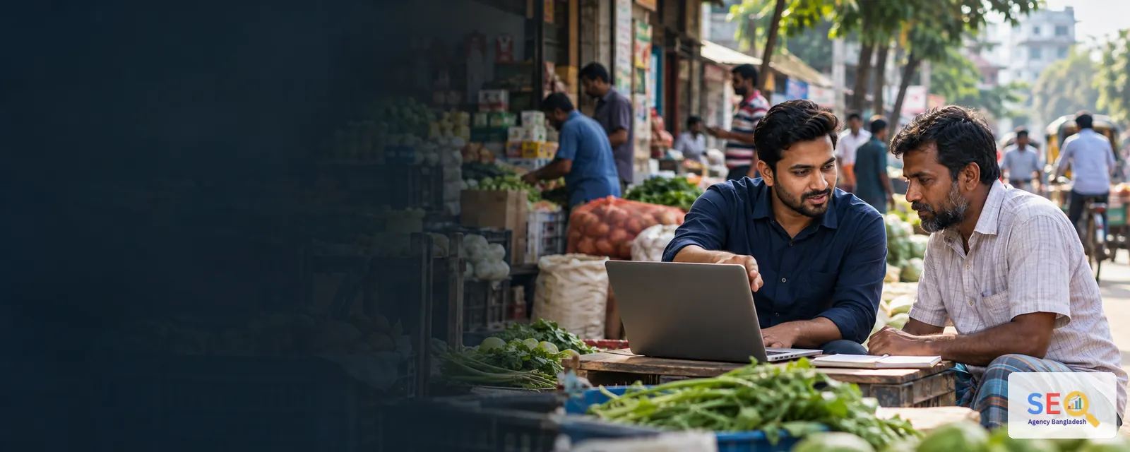 SEO consultant discussing online growth with a Rangpur business owner in a busy market setting