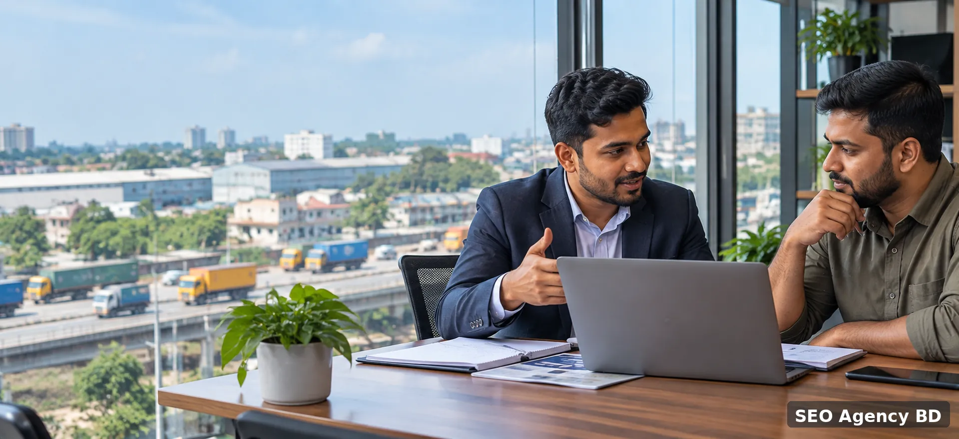 SEO consultant discussing organic growth with a business owner in a Savar-style commercial and industrial setting