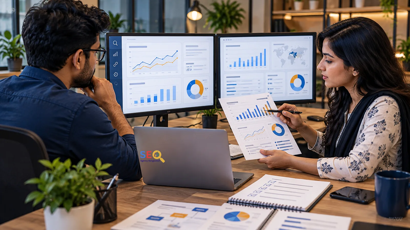 SEO analysts comparing dashboard data, charts and reporting checks during a measurement workflow