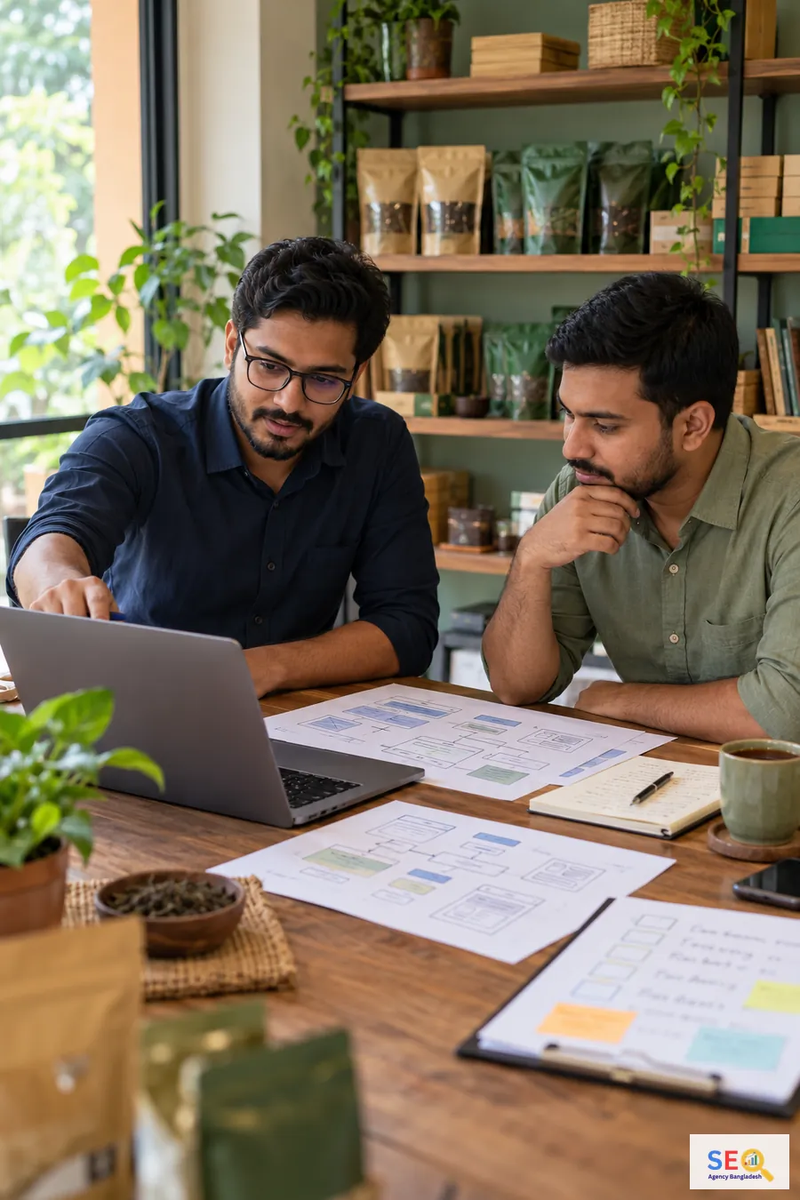 SEO content team reviewing research, article structure and editorial notes during a blog writing workflow