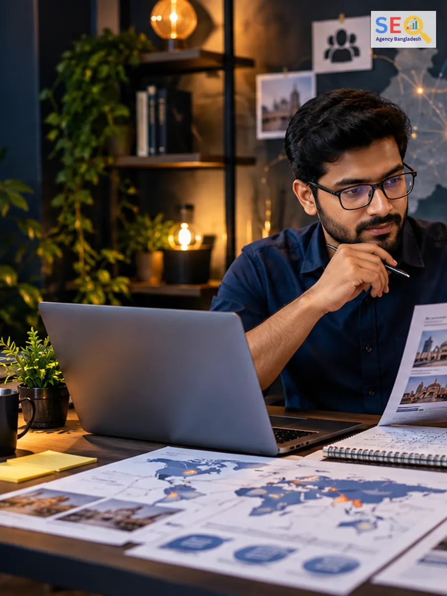 SEO specialist reviewing off-site references, outreach opportunities and authority signals