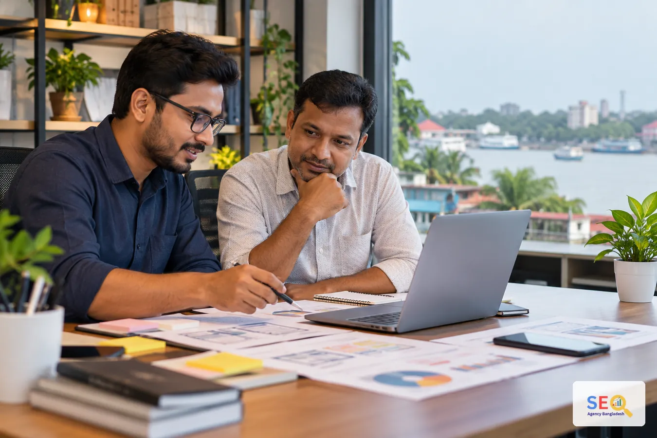 SEO planning session reviewing research, website priorities and implementation work for a Barishal business