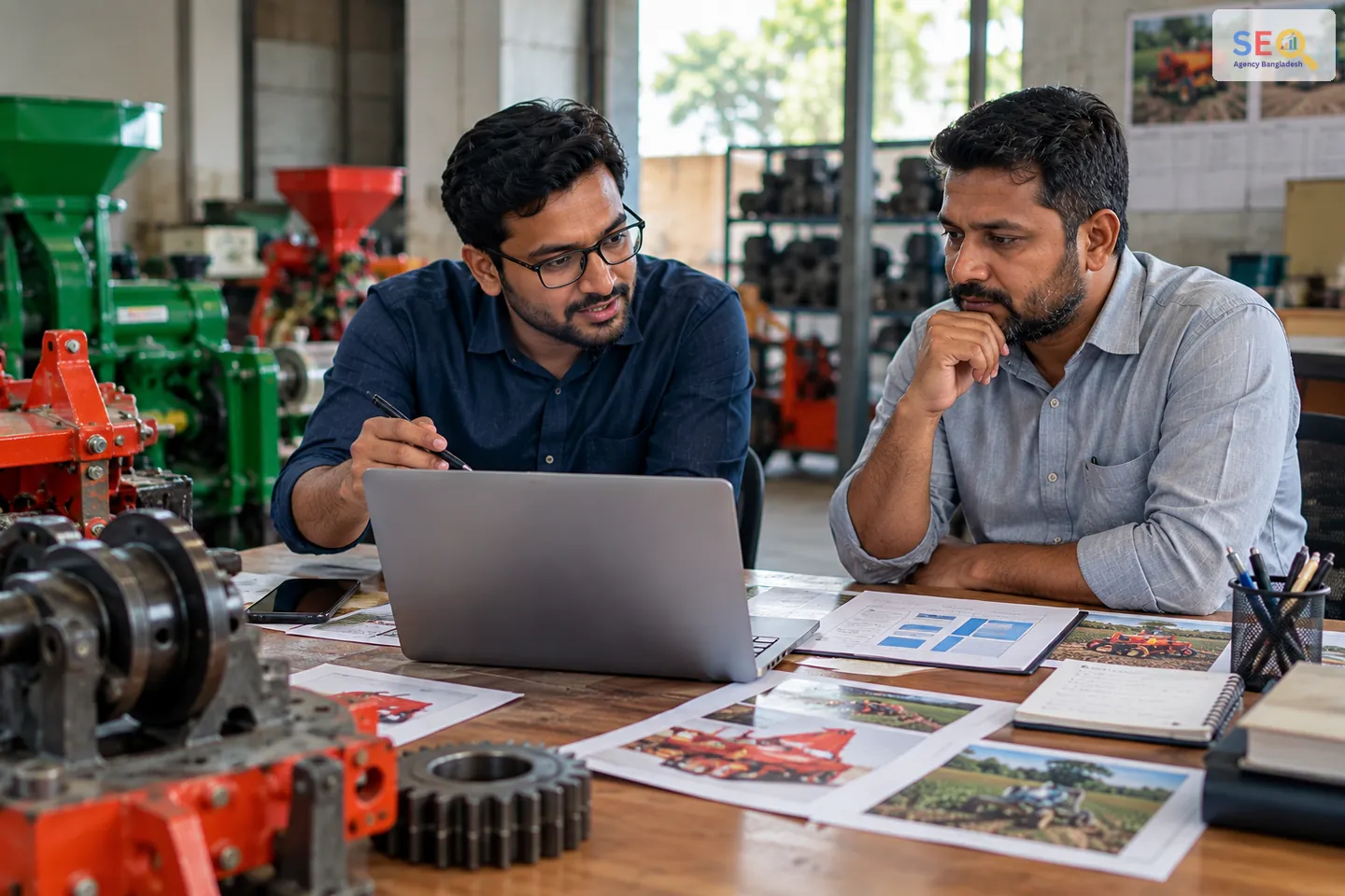 SEO consultant and Bogura engineering business owner reviewing website structure and agricultural machinery content