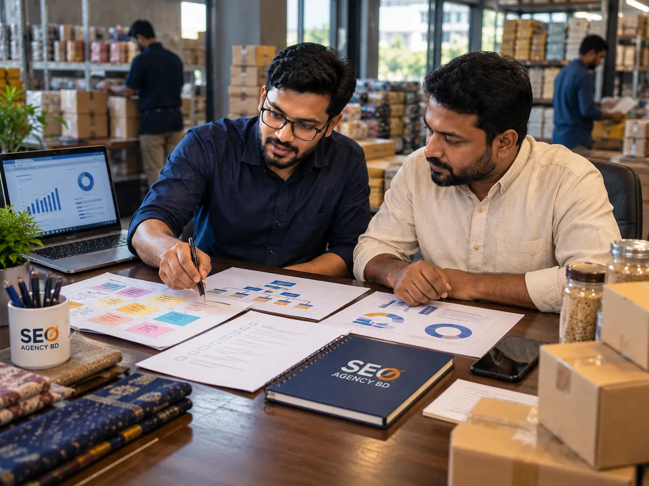 SEO specialist and Brahmanbaria business owner reviewing an SEO workflow and website plan