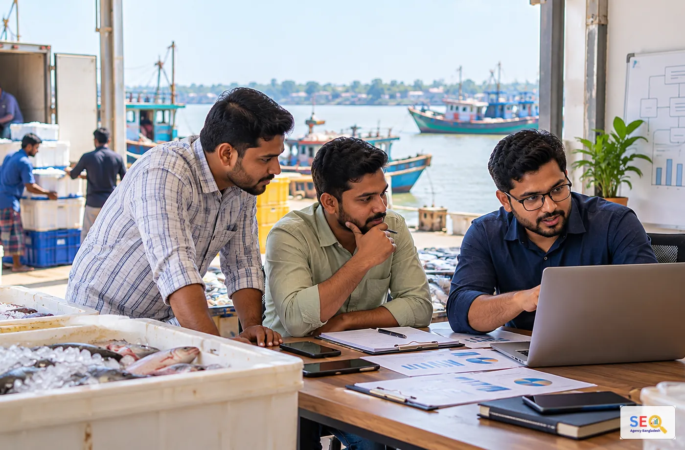 SEO specialist reviewing search and website plans with a Chandpur waterfront trade team