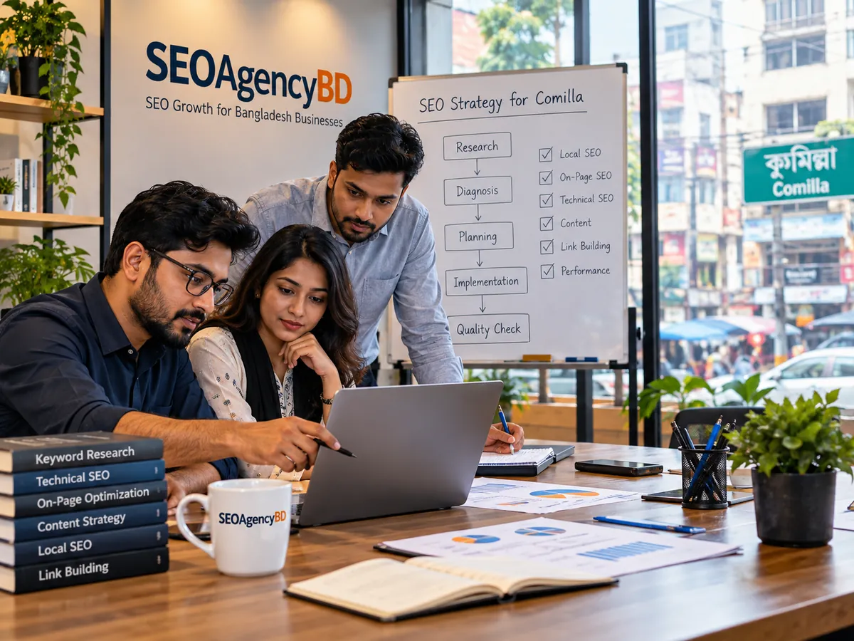 SEO Agency BD team planning research, technical SEO and local SEO work for Comilla