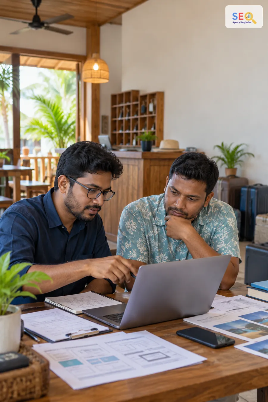 SEO specialist and hospitality business owner reviewing website structure and search priorities