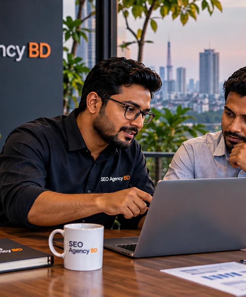 SEO Agency BD consultant reviewing a Dhaka business website and search plan