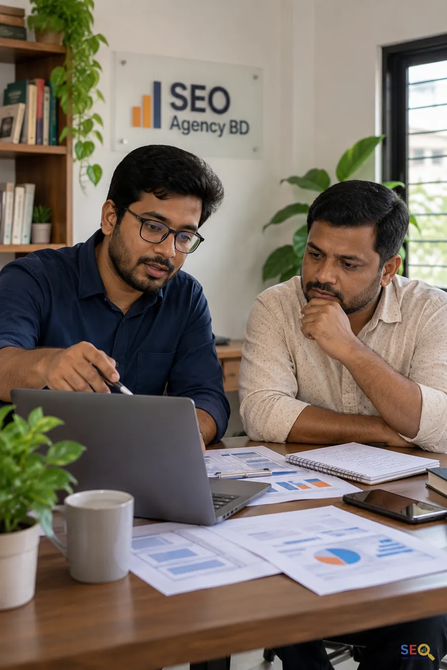 SEO specialist and business owner reviewing a practical website optimization plan