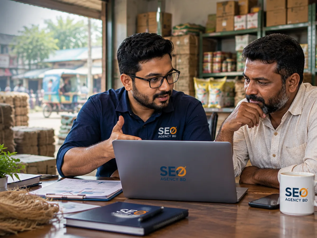 SEO specialist reviewing a search-growth plan with a Faridpur business owner