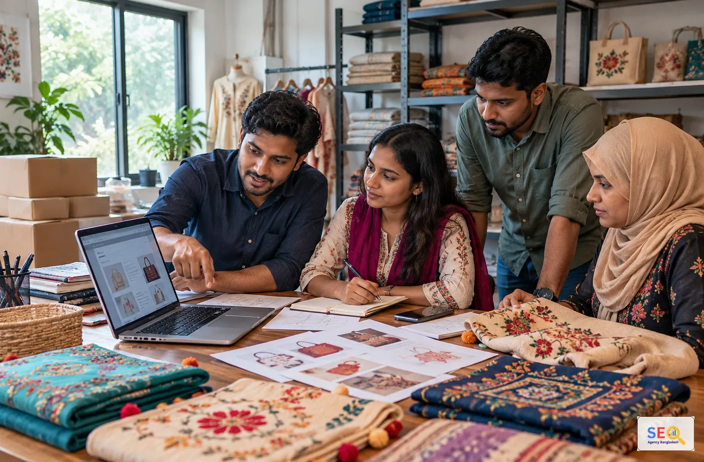 Jamalpur handicraft team reviewing product pages and search strategy with an SEO specialist