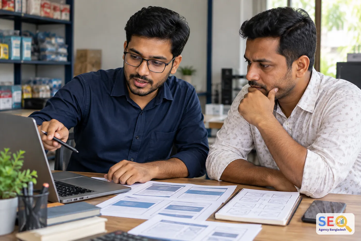 SEO consultant reviewing site structure and optimization plan with a business owner