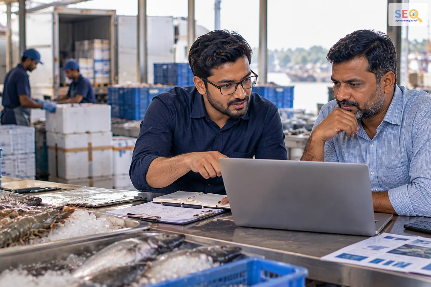SEO consultant and Khulna seafood business owner reviewing website, export and search planning