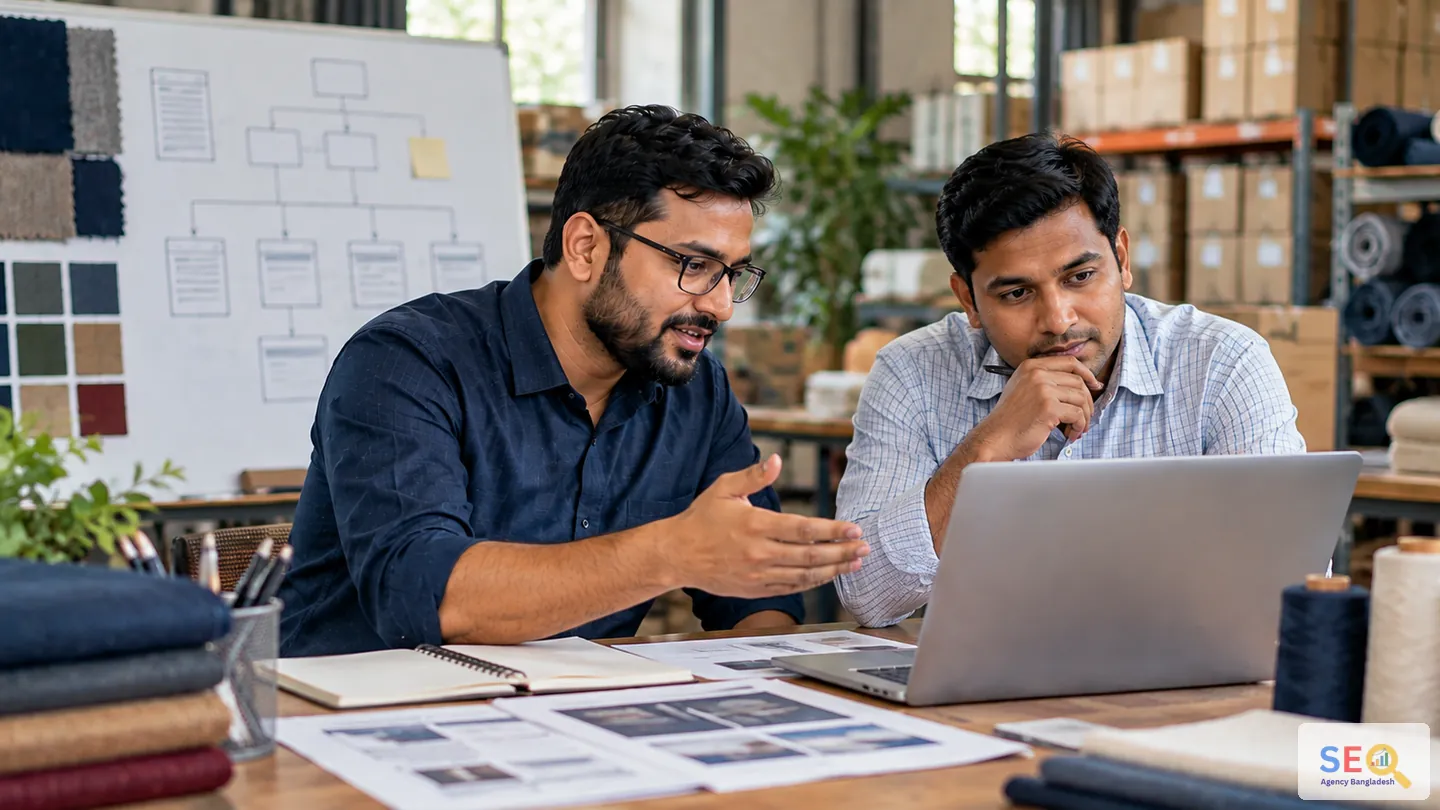 SEO consultant reviewing website structure and search strategy with a Mymensingh business owner