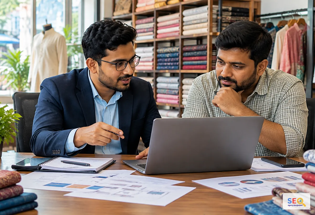 SEO specialist planning search strategy with a Pabna textile business owner