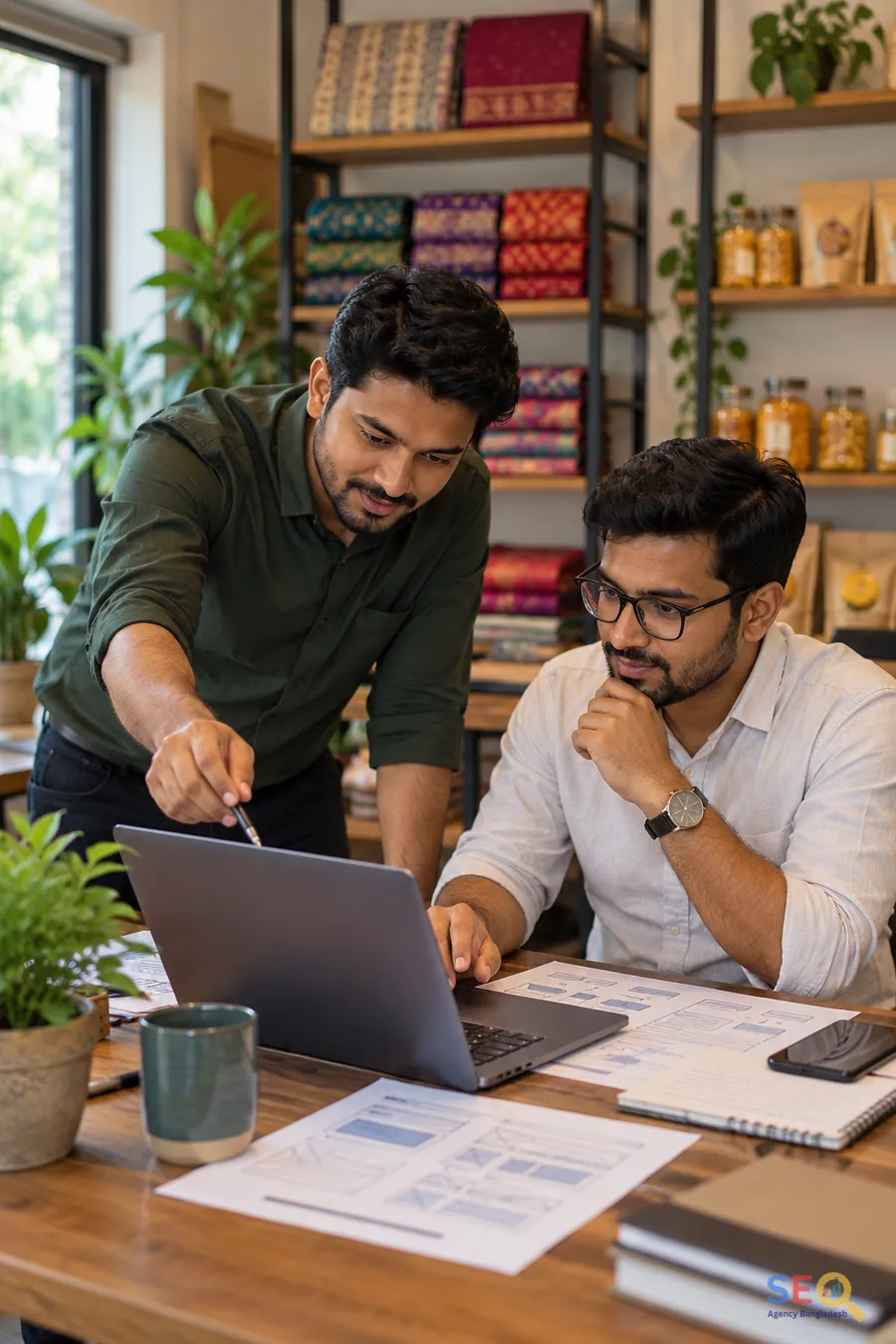 SEO specialist and Rajshahi business owner reviewing website structure and implementation priorities in a retail workspace