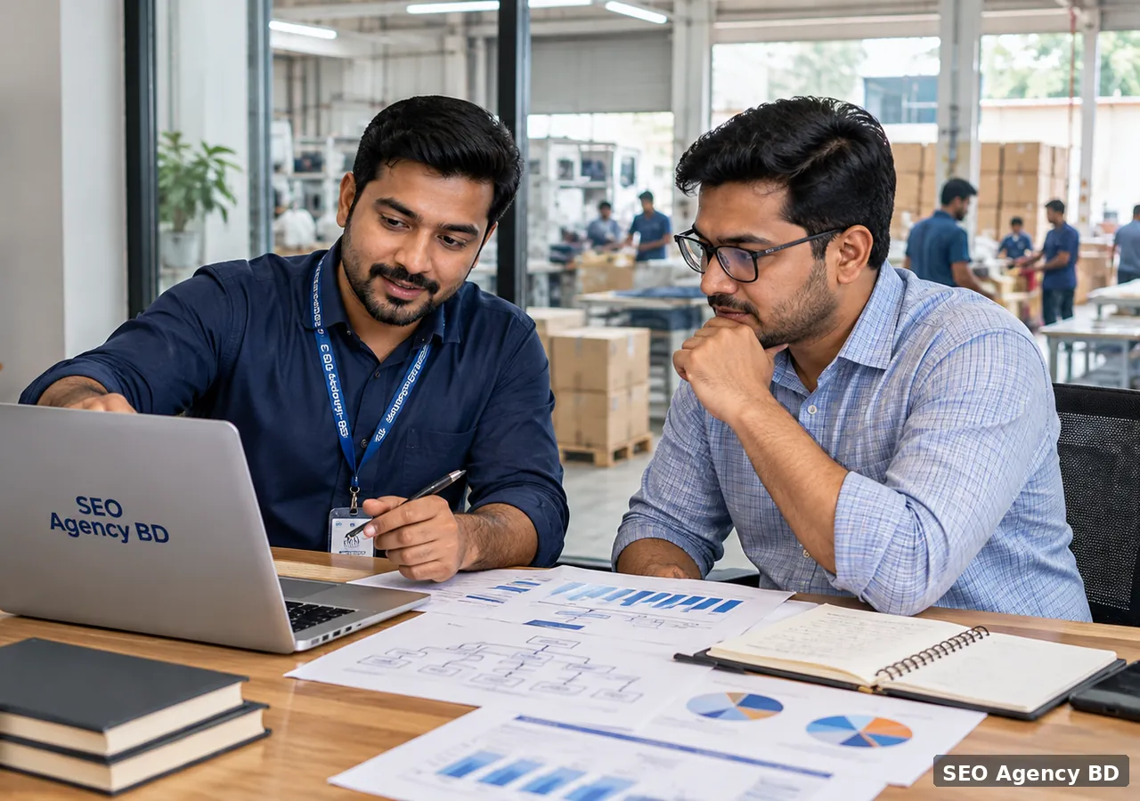 SEO Agency BD specialist planning search strategy with a business team in a Savar industrial office setting