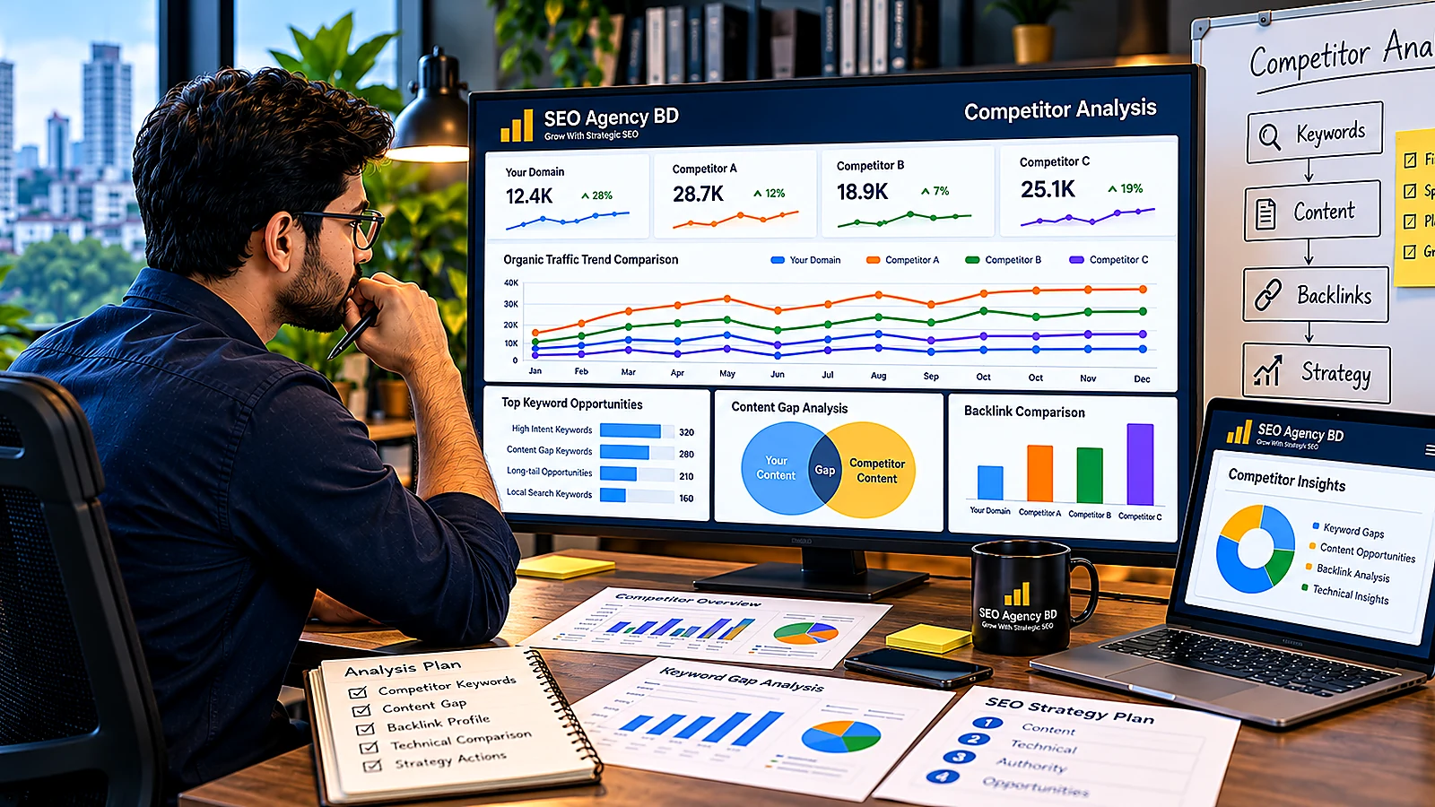 SEO specialist comparing competitor search visibility, content gaps and authority signals