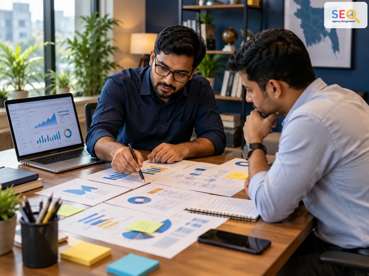 SEO consultant reviewing priorities, analytics and implementation notes with a business owner