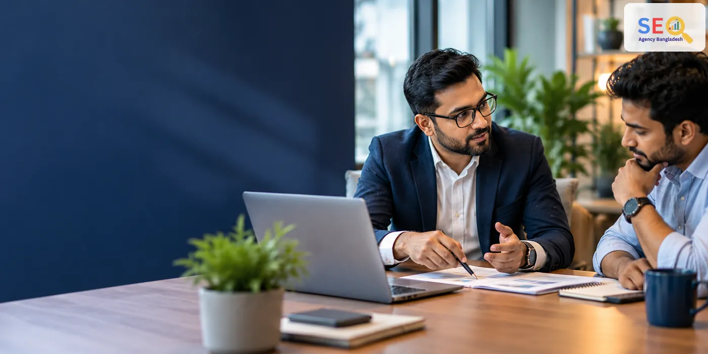 SEO consultant and Bangladesh business owner reviewing priorities and next steps together