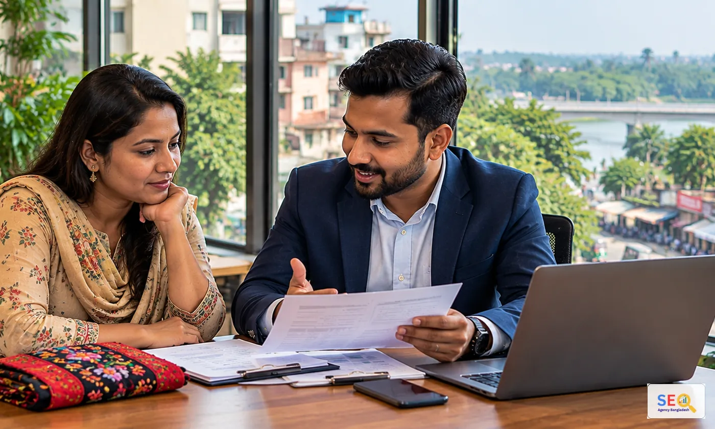 SEO consultant discussing a practical growth plan with a Jamalpur business owner