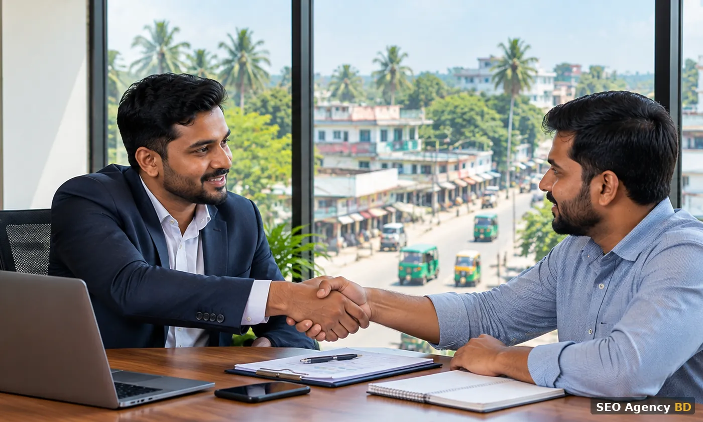 SEO consultant and Noakhali business owner agreeing next steps in a professional consultation