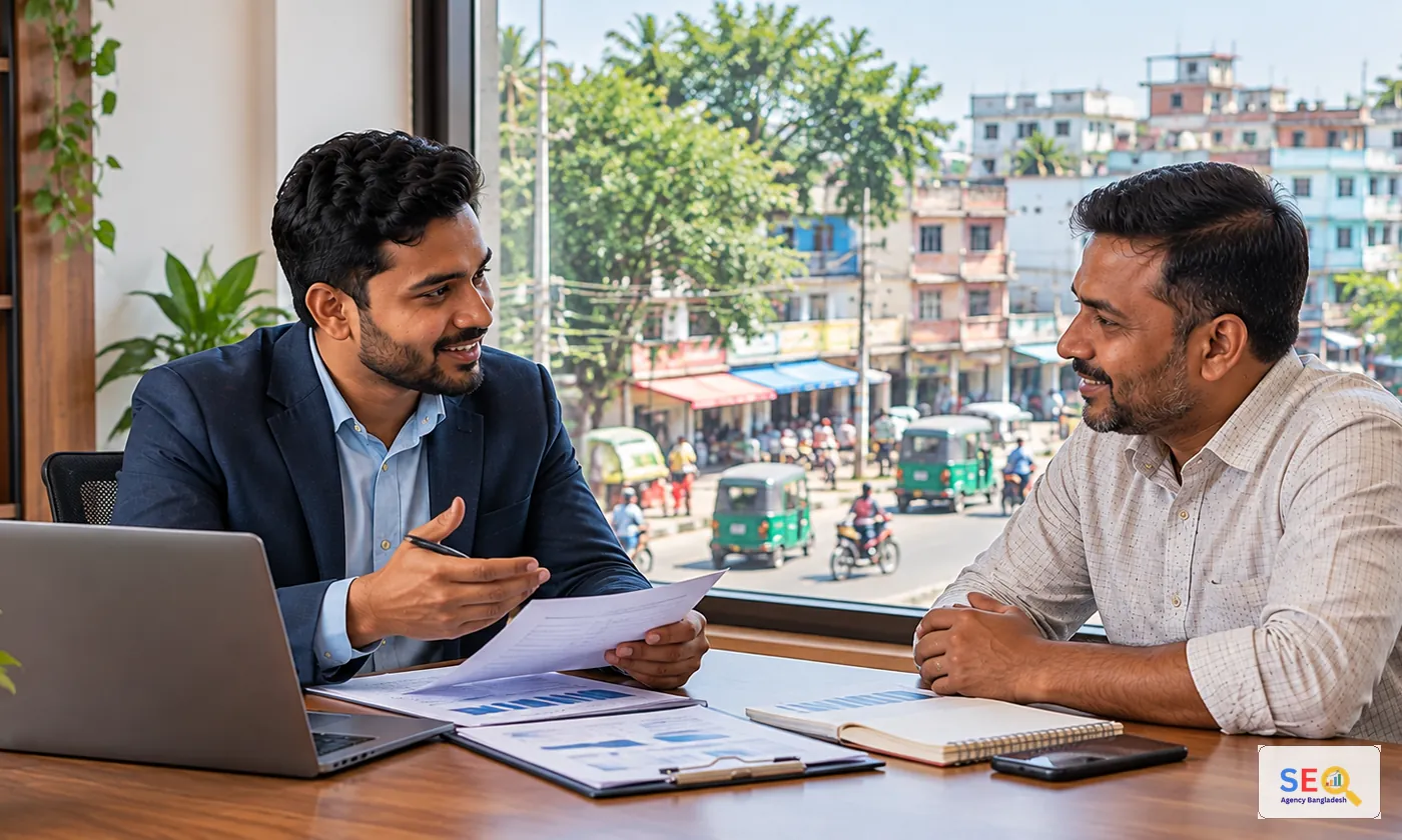 SEO consultant discussing a practical growth plan with a Pabna business owner