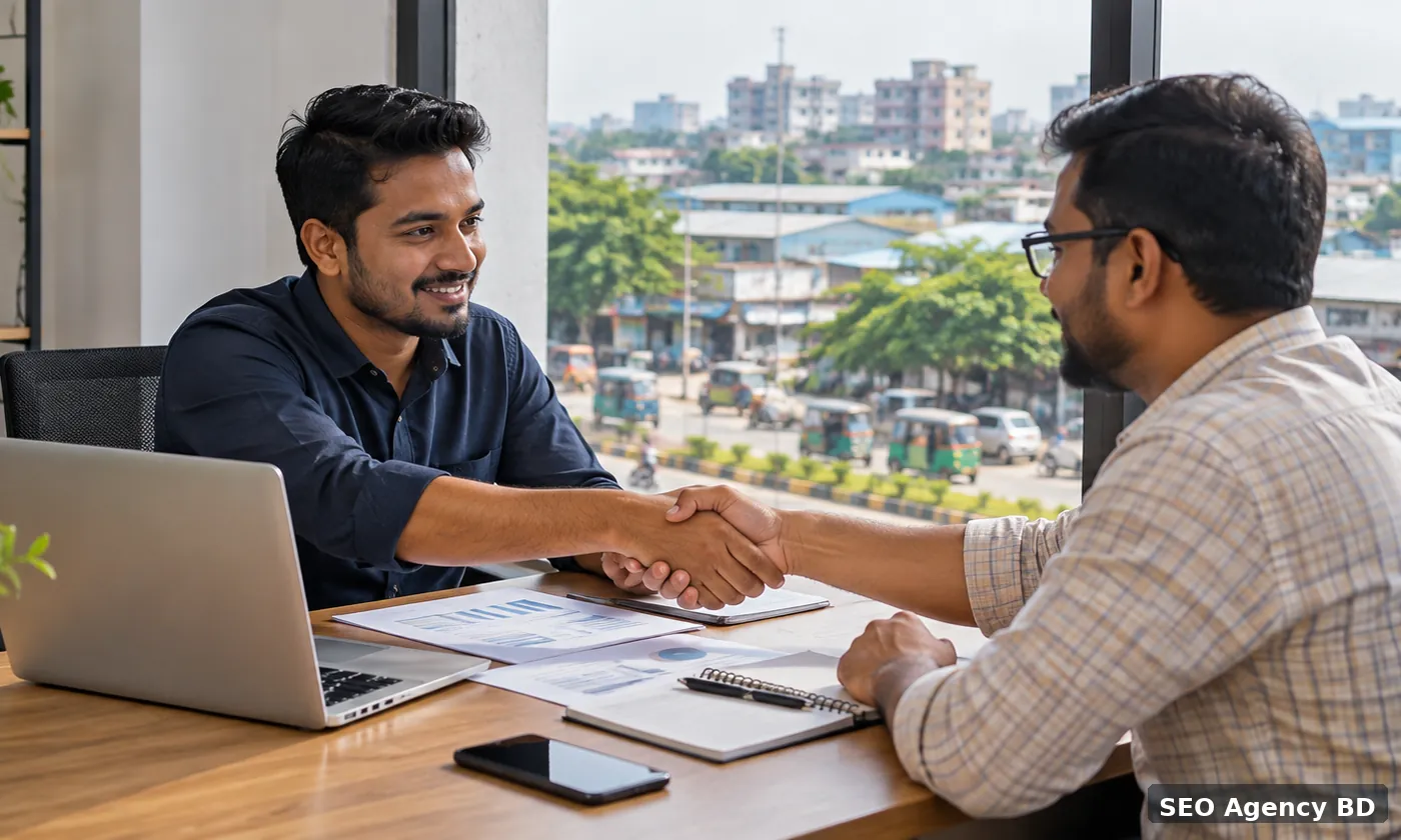 SEO consultant and Savar business decision-maker agreeing next steps during a professional consultation