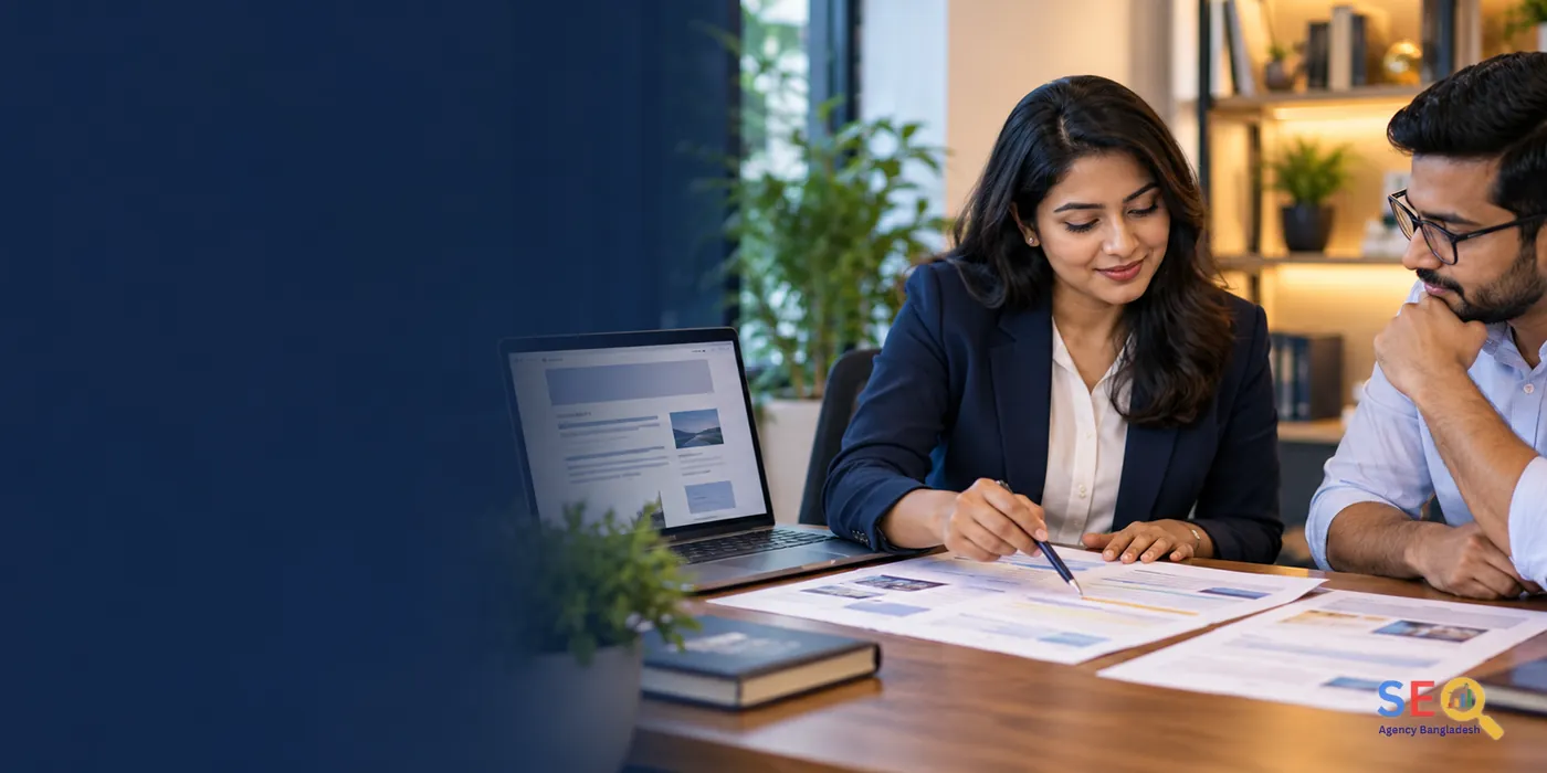 SEO editor and Bangladesh business owner reviewing a revised content plan and next steps