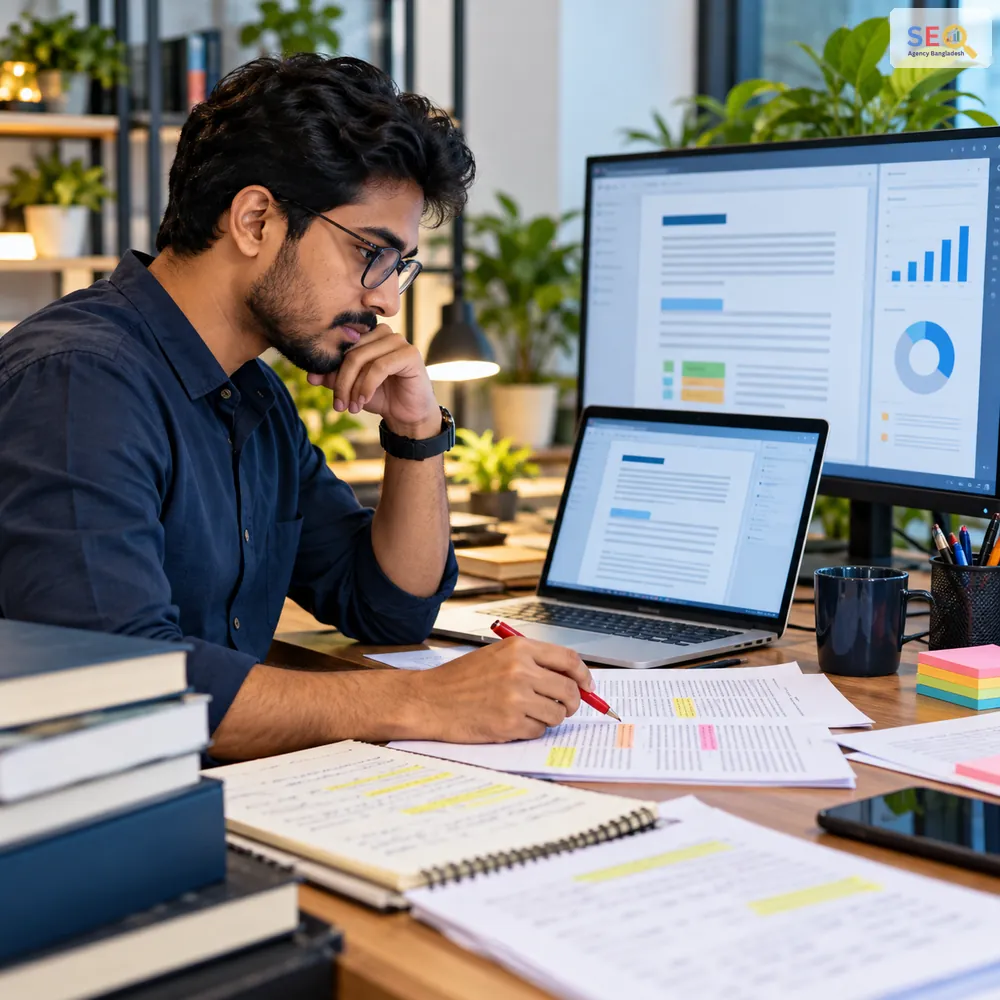 Content editor reviewing website copy, source notes and editorial quality signals before publication