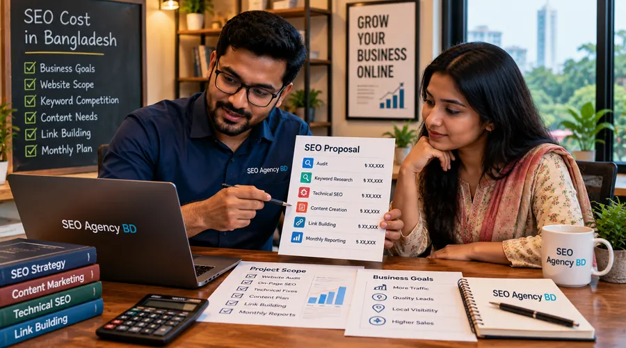 Bangladesh business owner reviewing SEO pricing, scope and monthly deliverables with an SEO specialist