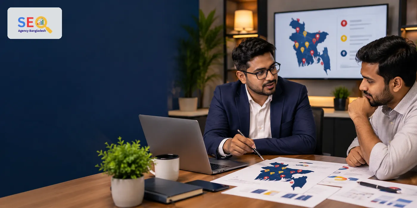 SEO consultant and Bangladesh business owner reviewing a city coverage plan