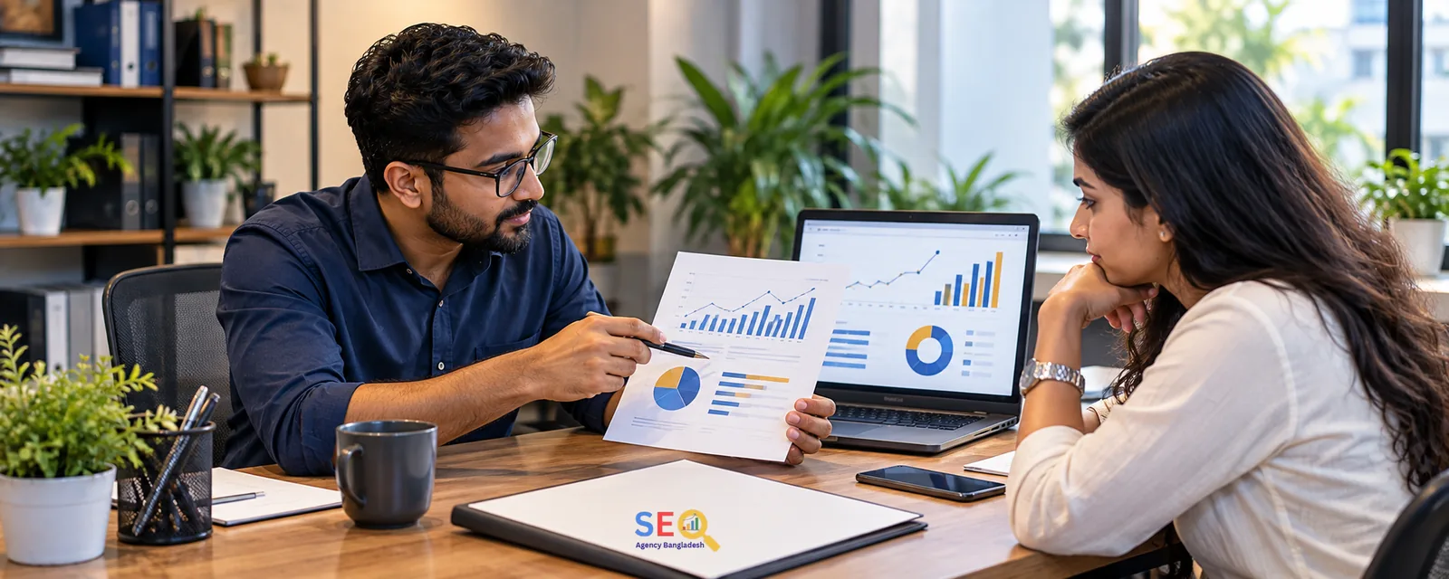 SEO analyst explaining a performance dashboard and printed reporting charts during a client consultation