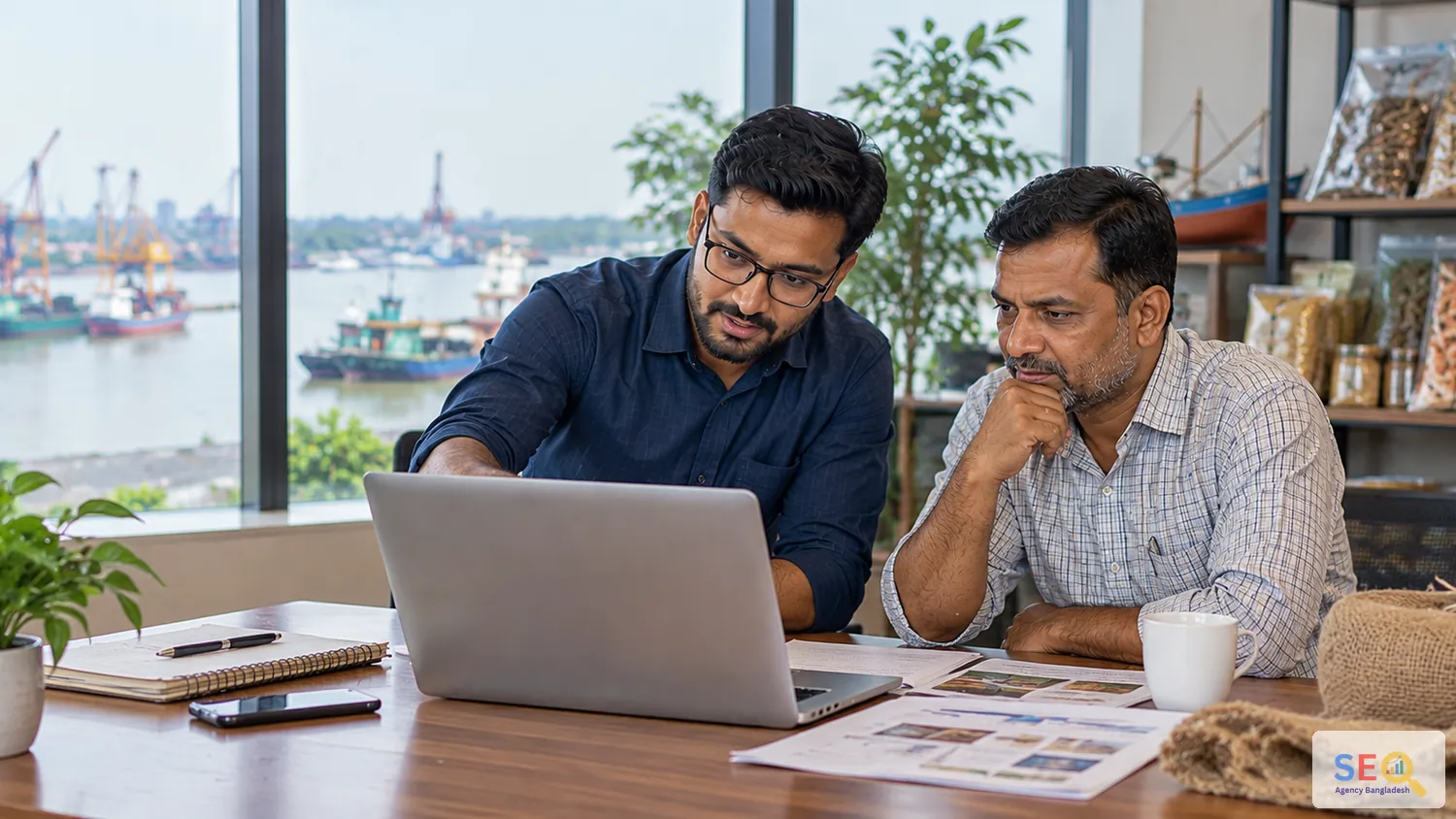 SEO consultation between a specialist and a Khulna business decision-maker in a trade office