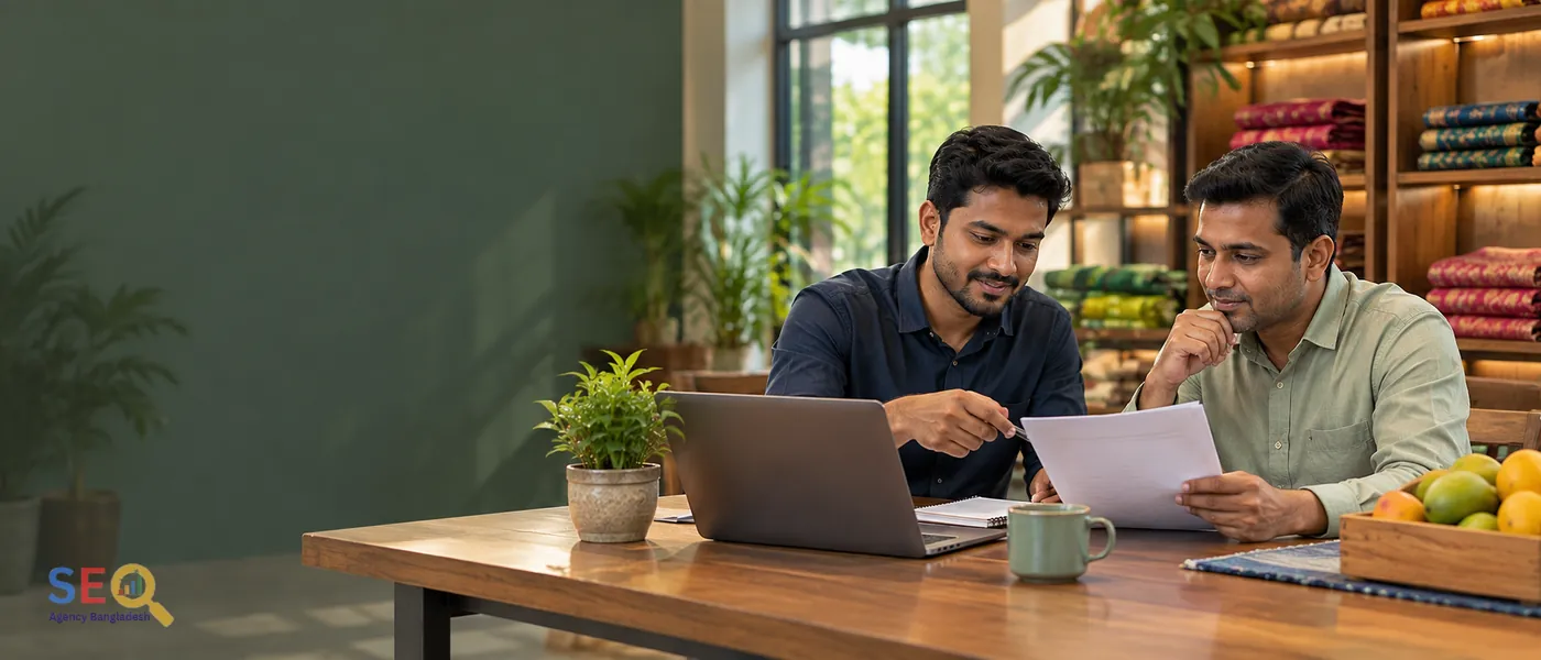 SEO consultant reviewing agreed next steps with a Rajshahi business decision-maker