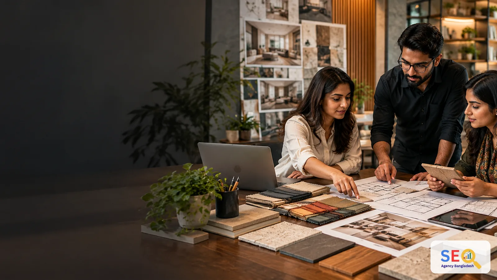 Bangladesh interior design studio team reviewing floor plans, material samples and a contemporary project