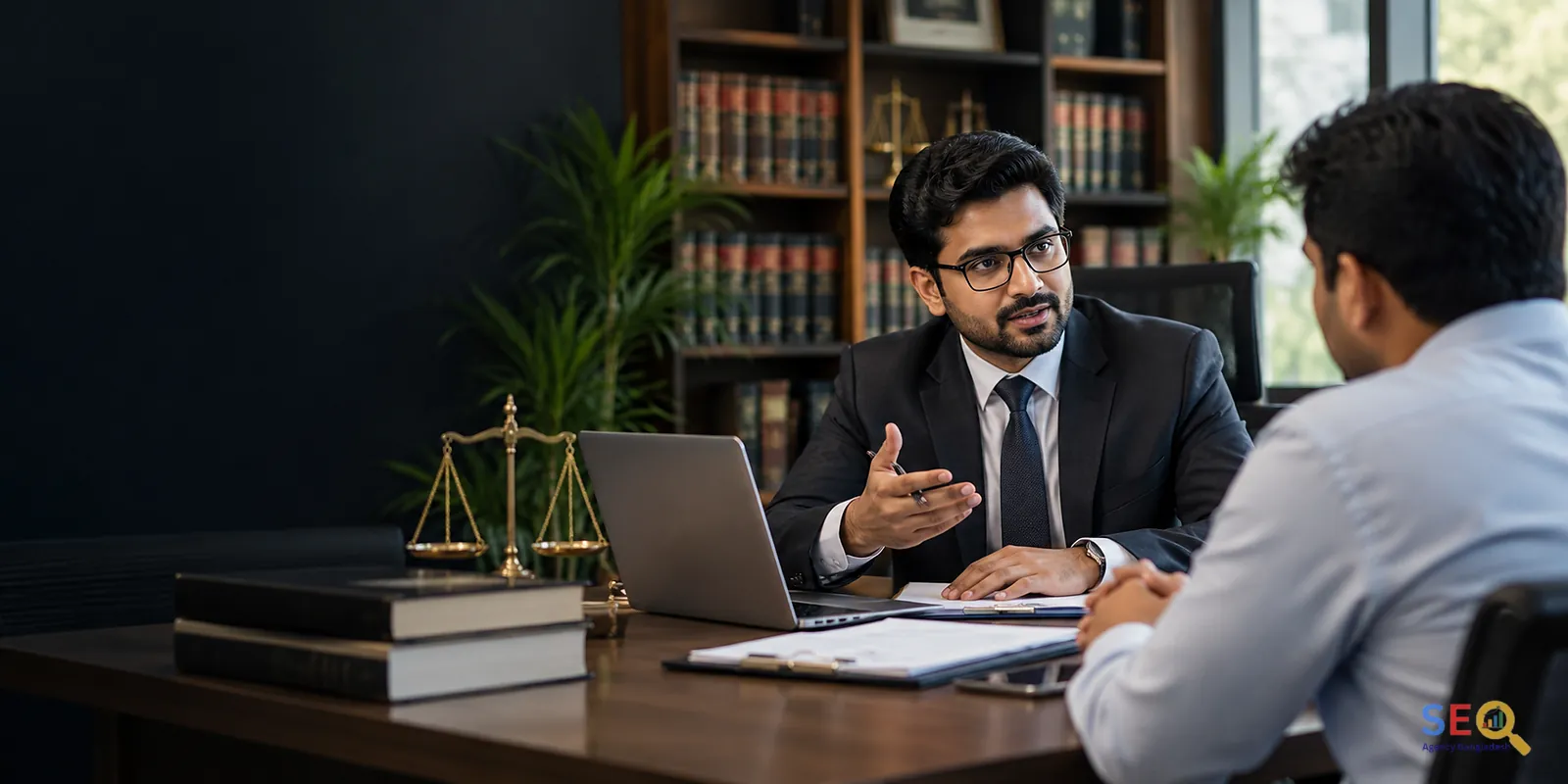 Bangladeshi lawyer discussing a legal matter with an adult client in a law office