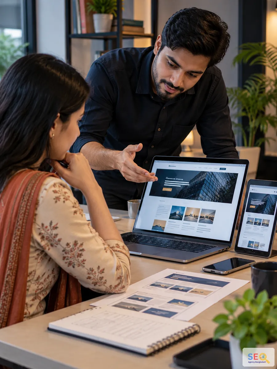 Business owner and web designer reviewing website structure and responsive page concepts