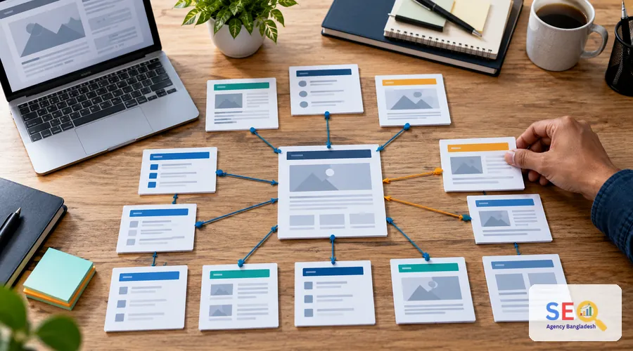 Unlabeled website page cards connected into a clear internal link hierarchy